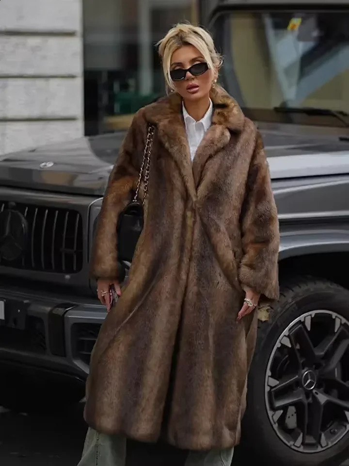 Womens Warm Faux Fur Long Overcoat Single Breasted Fleece Trench Coat Winter Lady Fluffy Plush Thicken Outerwear 241104
