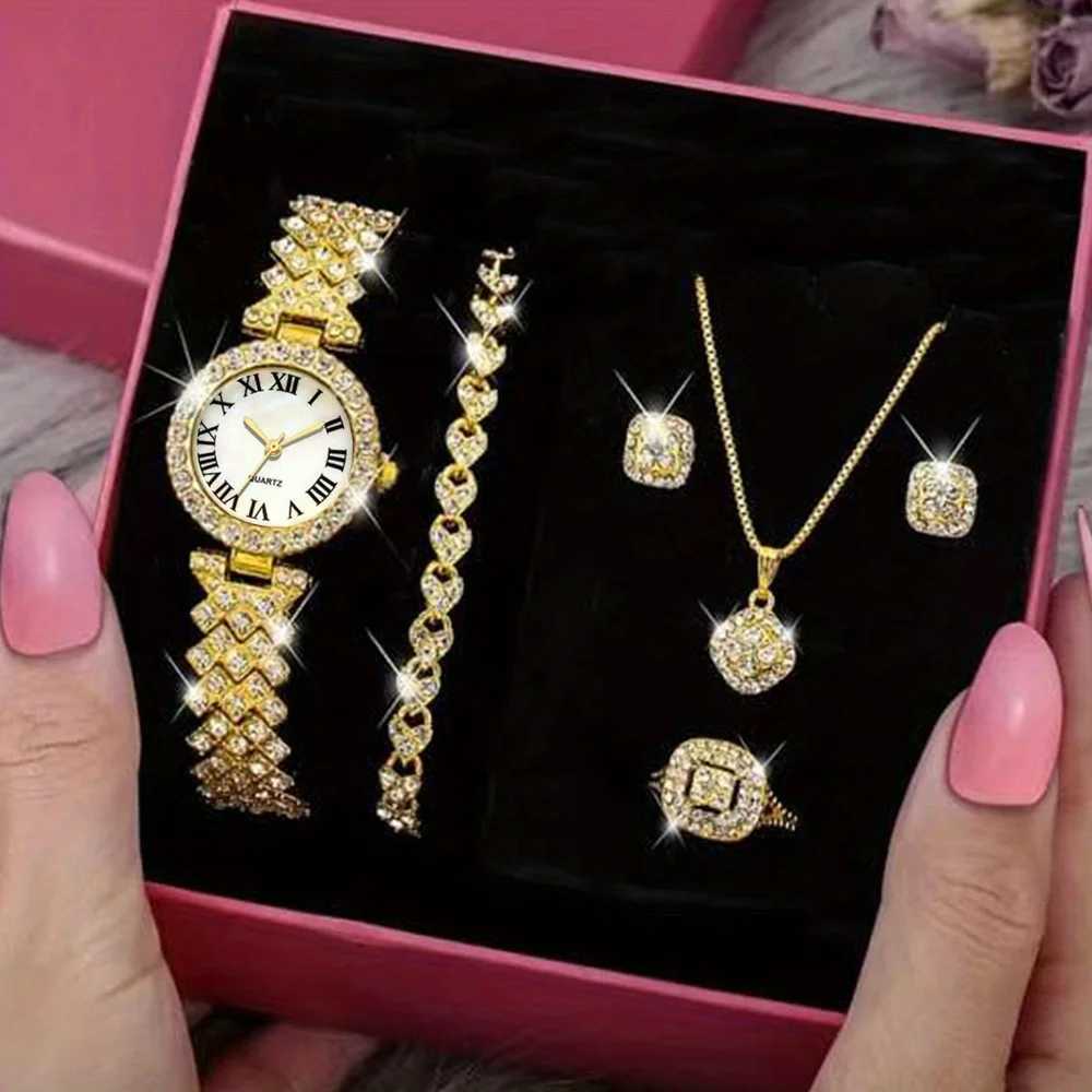 1 rhinestone decorated quartz watch luxury mens digital analog watch 5 jewelry sets the best gift for her X241106