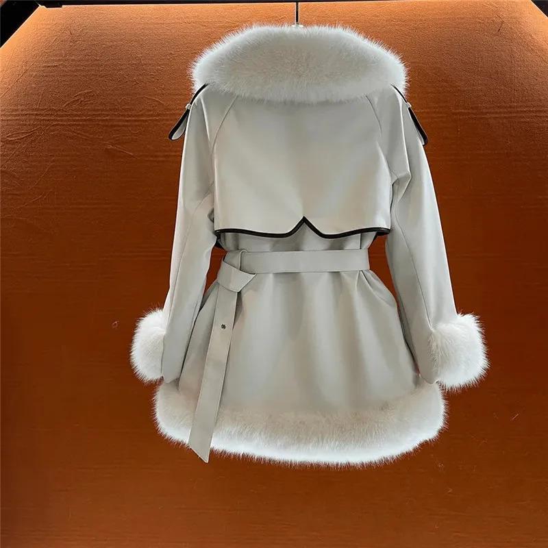 Temperament Big Fur collar LaceUp Coat Female Autumn Winter MidLength Warm Faux Fox Jacket Loose Overcoat W567 241104