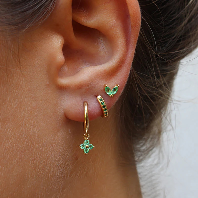 3PCS Exquisite Green Zircon Hanging Earrings Set for Women Stainless Steel Flower Dangle Earring Cartilage Piercing Jewelry 241106