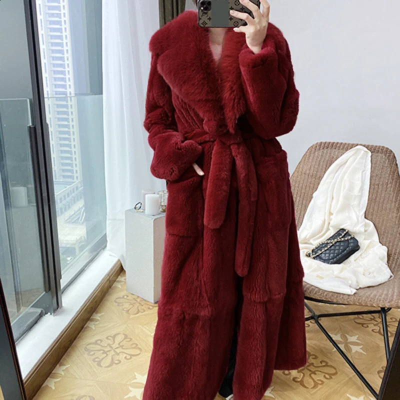 Fashion Elegant Soft Faux Fur Coat Long Warm Overcoat Winter Women V Lapel Greatcoat Belt Pockets Loose Parka 9 Colors 241104