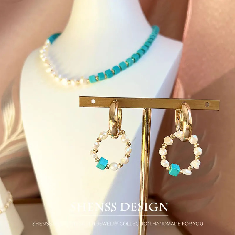Jewelry Set Natural Freshwater Pearl Blue Turquoise Necklace Bracelet Earrings Copper Plated 14k Gold Accessories Jewelry 241106