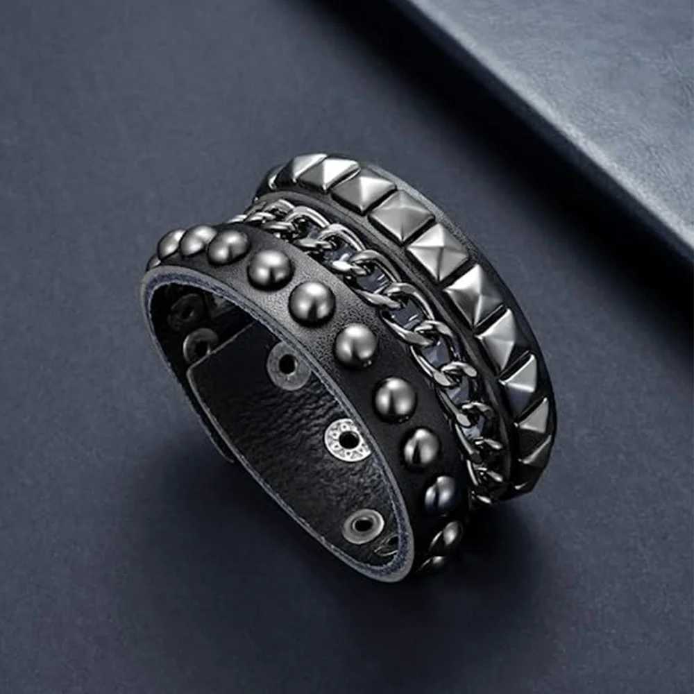 New 3-Piece/Set Black Gothic Emoji Boho Bracelet Mens Wenpunk Gothic Spike Rivet PU Leather Bracelet Party Jewelry Gift X241106