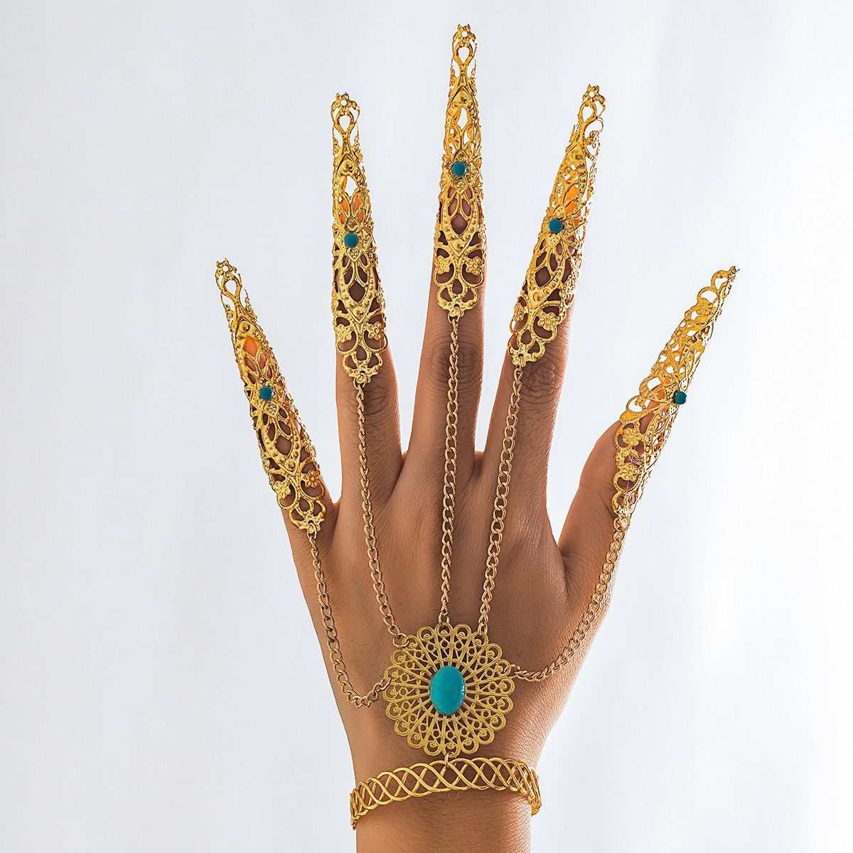 European and American Gothic Style Turquoise Finger Bracelet, Retro Halloween Ghost Punk Tapered Nail Chain Ring with Accessories