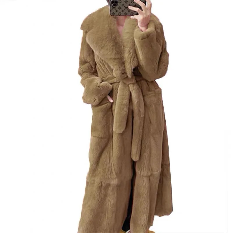 Fashion Elegant Soft Faux Fur Coat Long Warm Overcoat Winter Women V Lapel Greatcoat Belt Pockets Loose Parka 9 Colors 241104