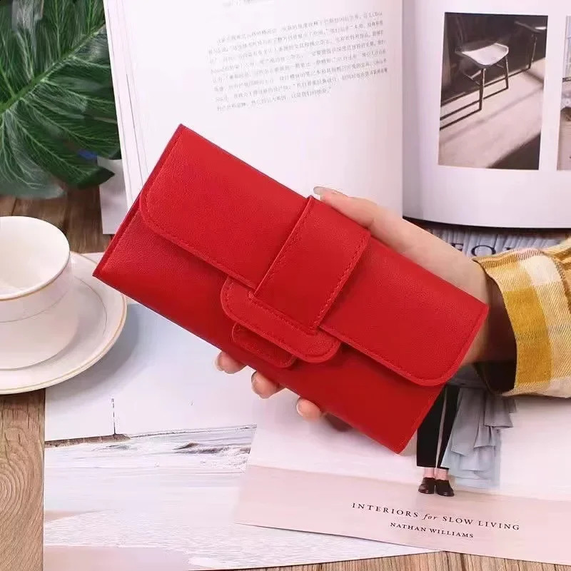 2024 Leather Women Wallets Long Hasp Foldover Pattern Coin Purses Female Solid Colors Thin Clutch Phone Bag 241029
