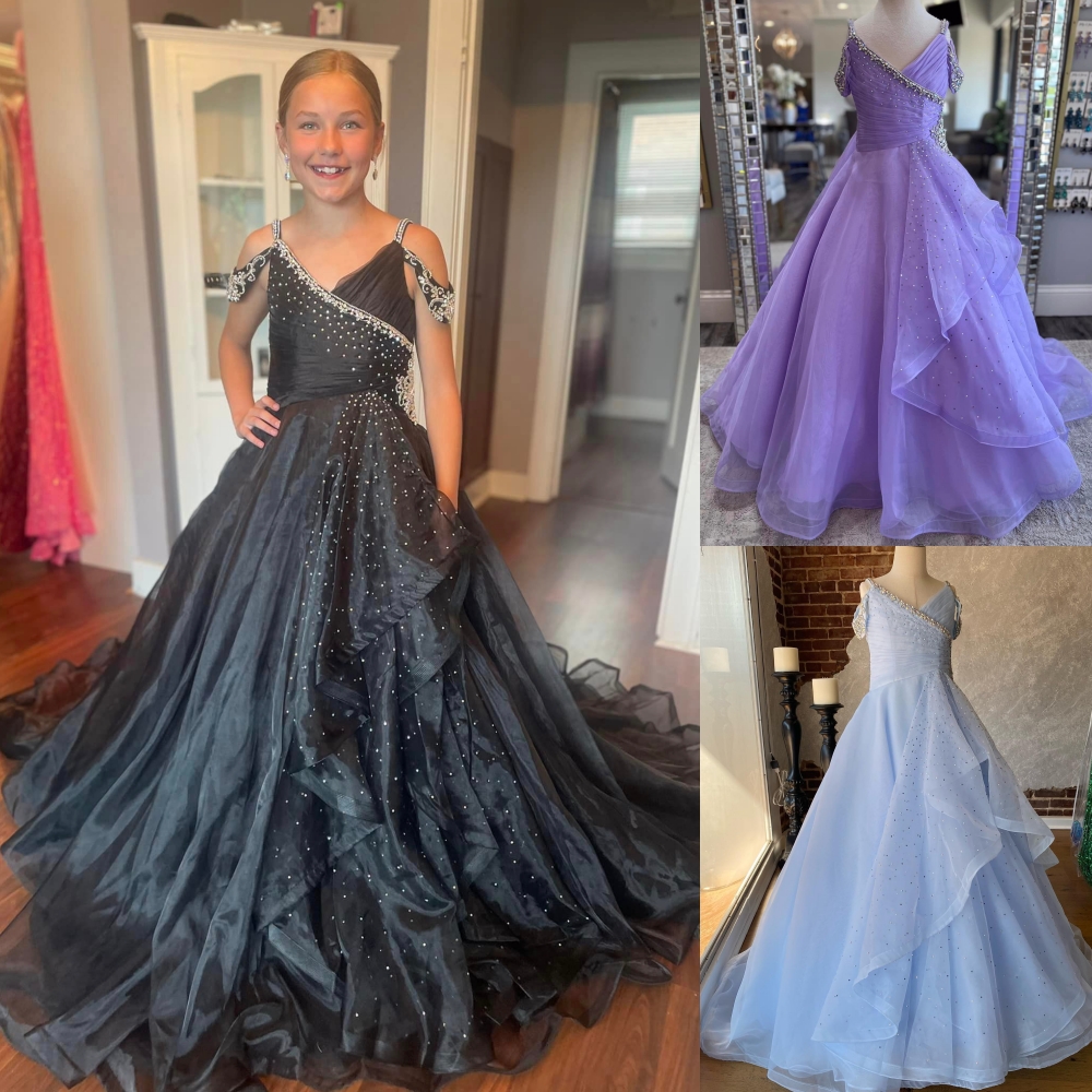 Light Purple Girl Pageant Dress 2025 Crystals Straps Organza Little Kid Birthday Formal Cocktail Party Gown Infant Toddler Teens Preteen Tiny Young Junior Miss Blue