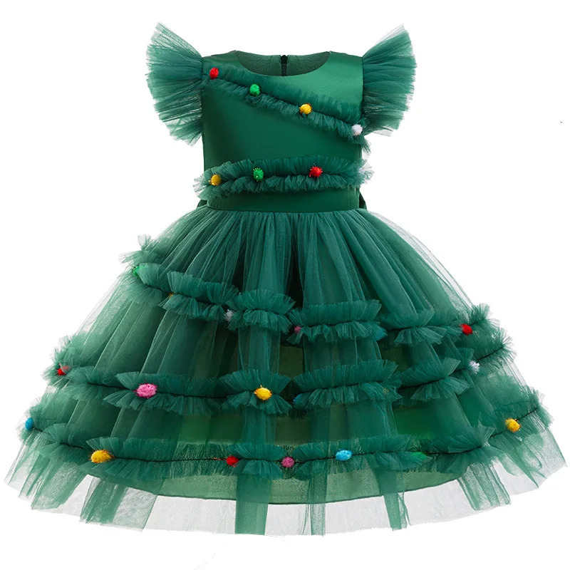 Christmas Girls Bow Polka Dot Applique Mesh Fly Sleeve Princess Dress School Party Fashionable Solid Color Evening Dress 241106