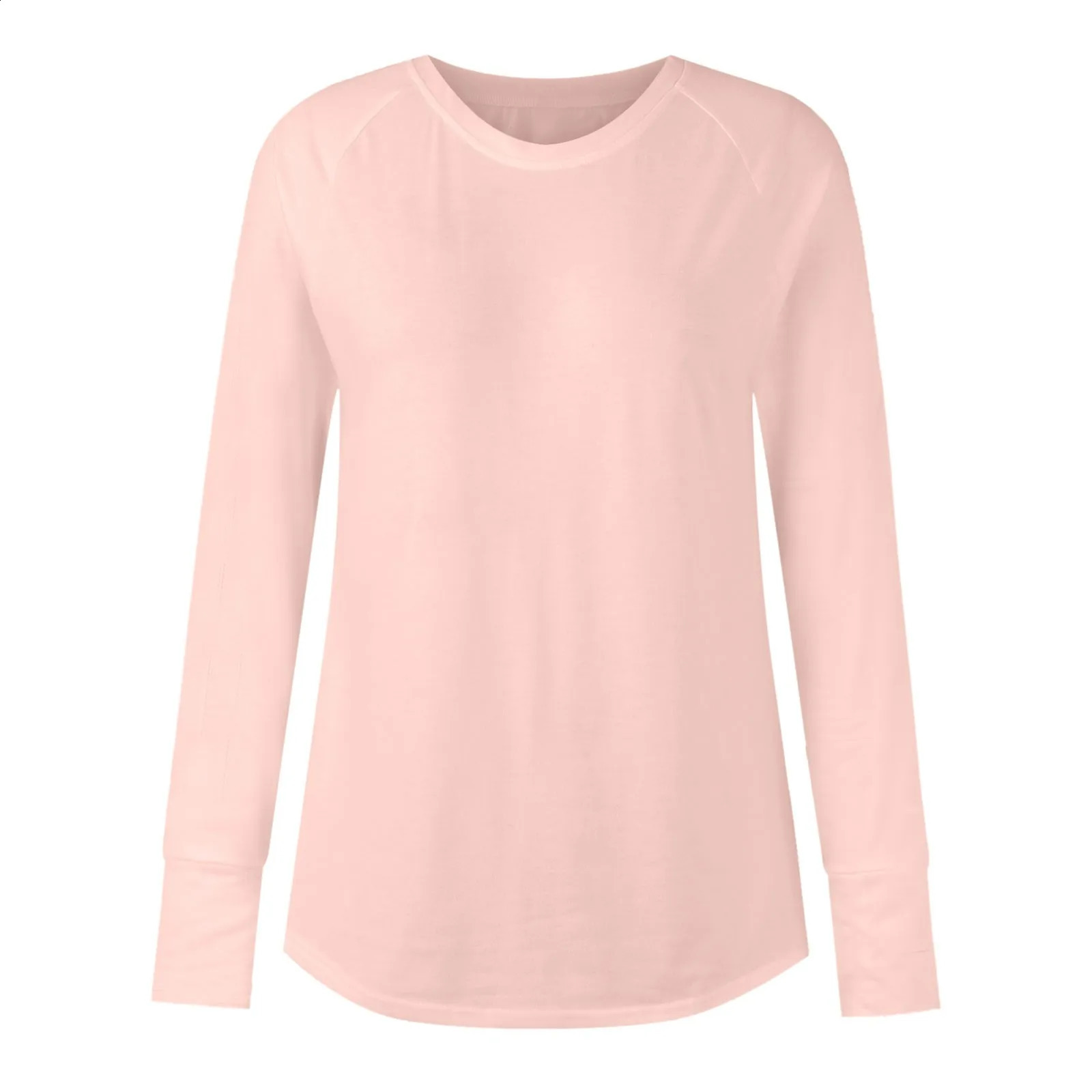 Womens TShirt Solid Round Neck Loose Long Sleeve Medium Length Comfy Thumb Hole Shirts Basic Stretch Layer Tshirt Top 241029