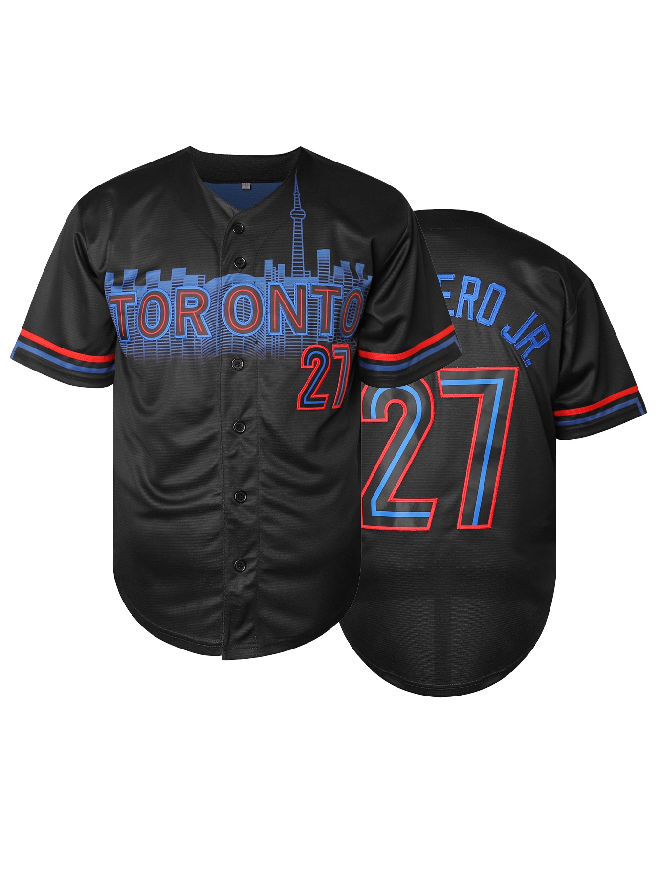 Stitched 27 Guerrero Jr. Black Baseball Jersey Embroidery V Neck Short Sleeve Baseball Shirt, Breathable Button-Up Sports Uniform For Training Competi