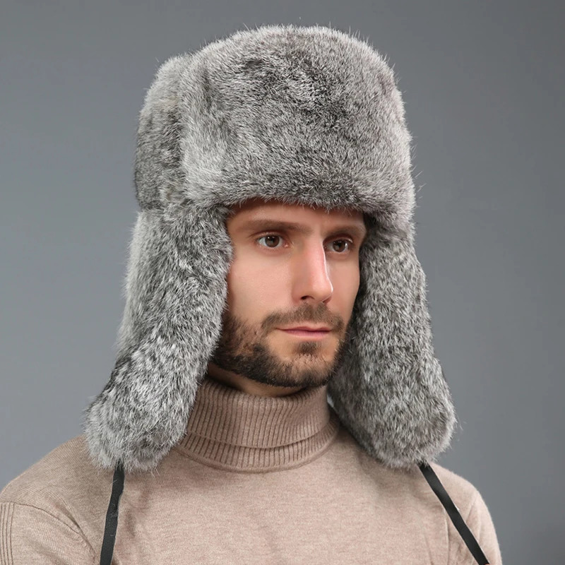 Fashionable Thick Warm Bomber Hat Mens True Rabbit Fur Earrings Catcher Russian Hat Mens Large Winter Hat Mens Ski Russian Hat 241106