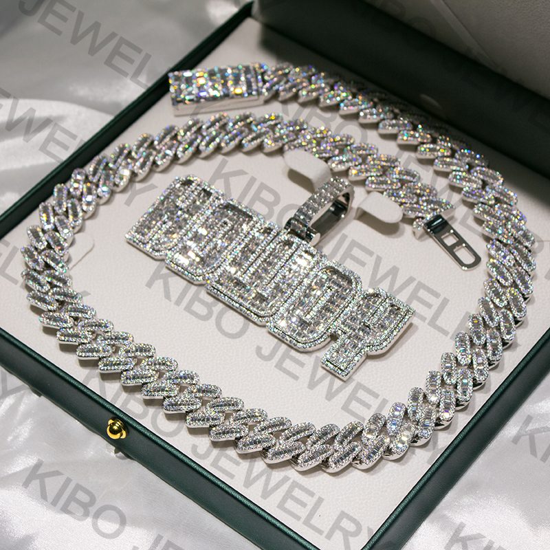 Chains Baguette Cut Dia 18mm Men Necklace Sier Iced Out VVS Moissanite Cuban k Chain