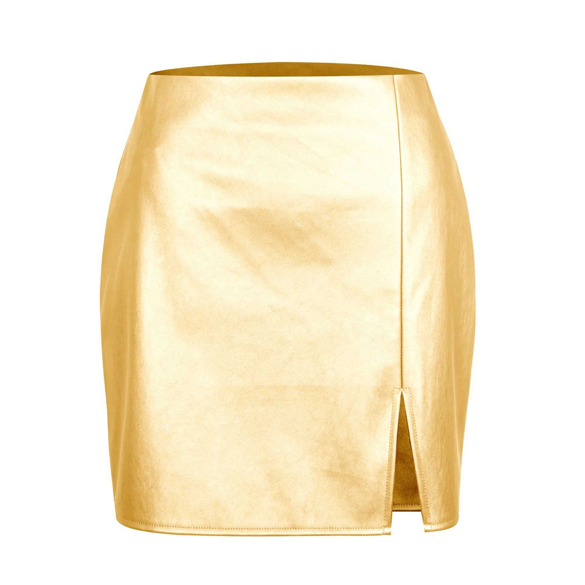 Silver Gold Women Hip Skirt Pu Leather Short Skirt For WoMan Sexy High Waist Zipper Half Body Split Skirt With Hip Wrap Skirt Vintage Career Skirts 24