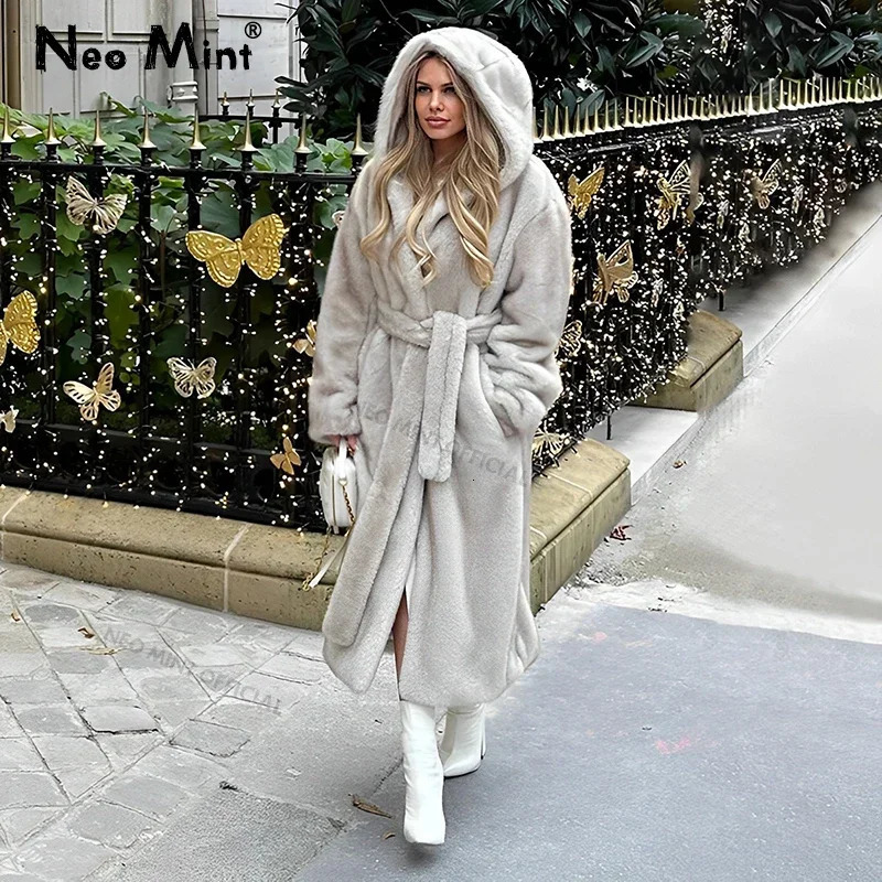 Neo Mint Belted Faux Mink Fur Coat Women Winter Beige Gradient Furry Jacket y Hooded Warm Outerwear Overcoat 241104