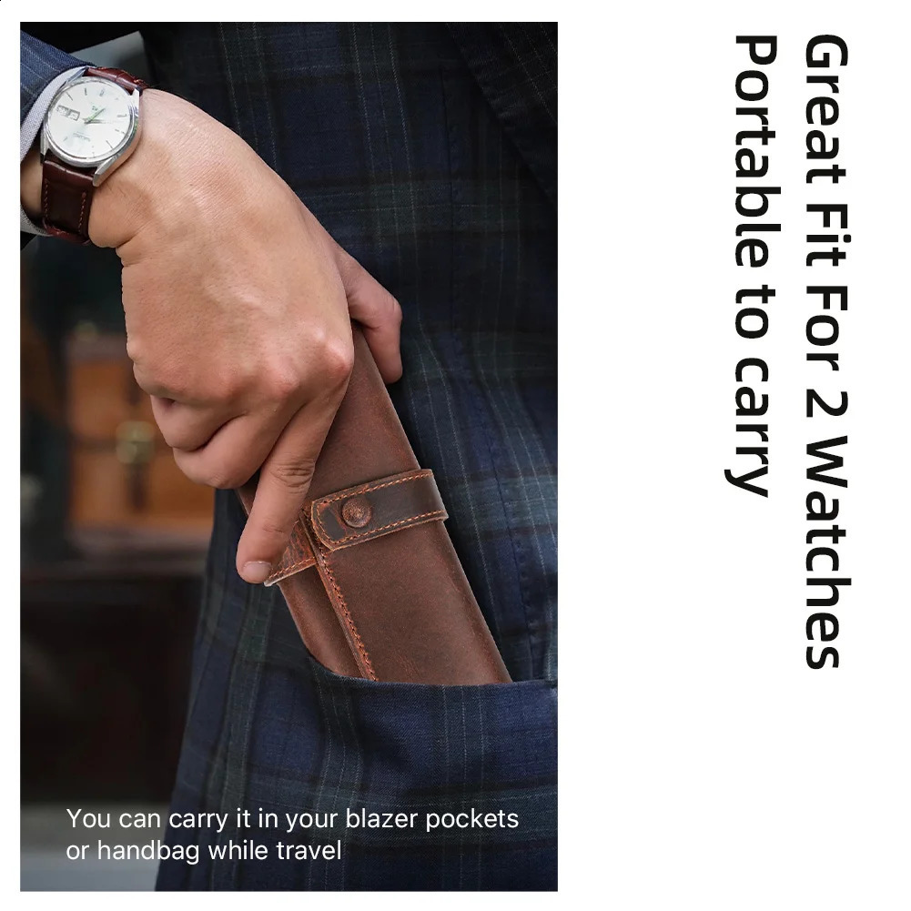 Full grain oil leather 2-groove watch roll storage adjustable shell portable travel watch bag metal buckle ultra-fine fiber lining 241105