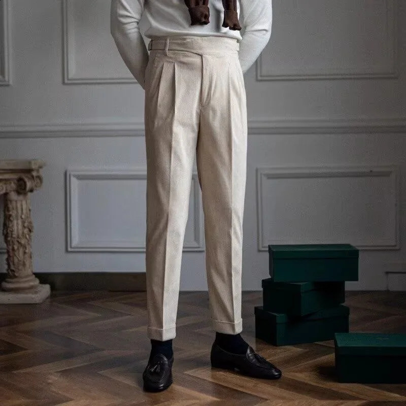 Italian Style Corduroy Naples Suit Pants Men Highwaisted Adjustable Belt Straight Trousers Autumn England Business Casual Pant 241104