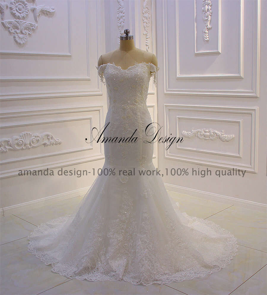 Amanda Design robe de soiree courte Off Shoulder Lace Appliques Wedding Dress with Removable Skirt