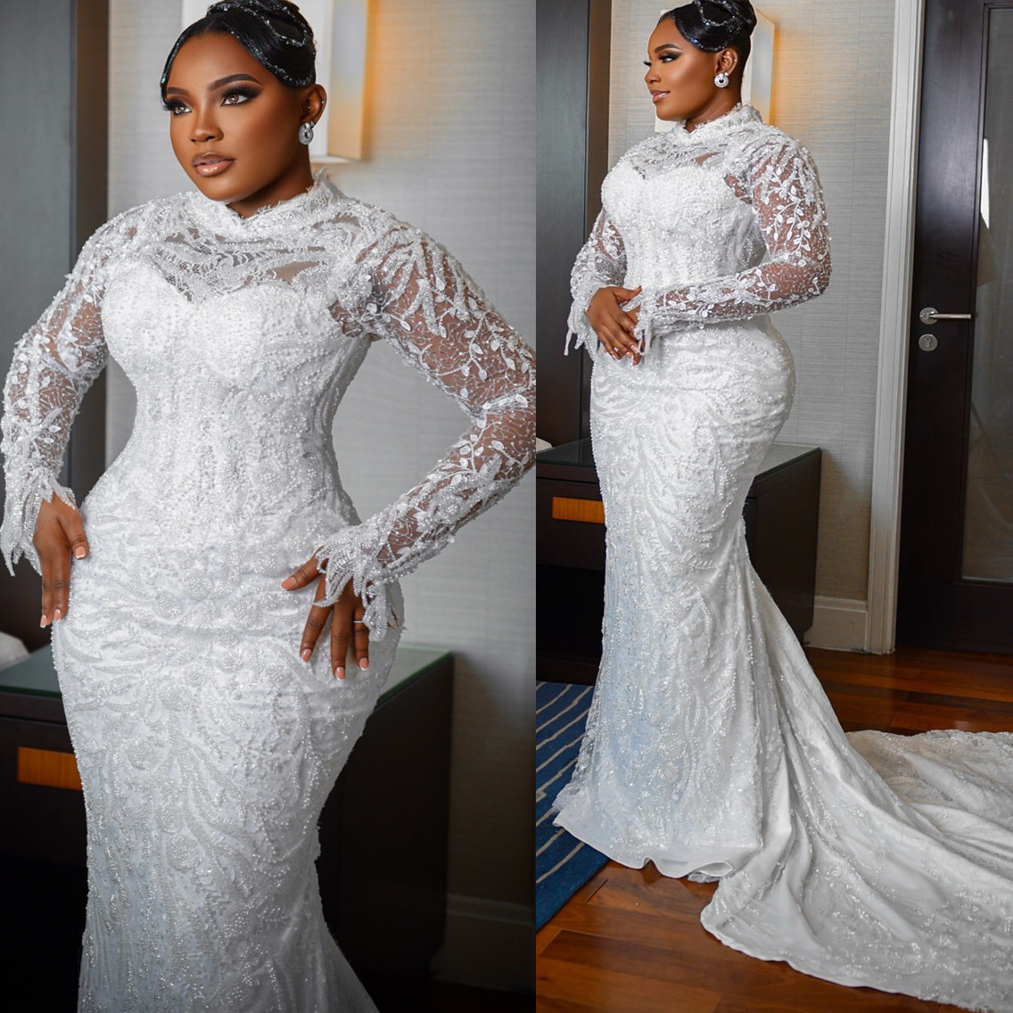 2024 Arabic Aso Ebi Plus Size Off White Mermaid Wedding Dresses Lace Beaded Full Sleeves Vintage Bridal Gowns Dress ZJ0250