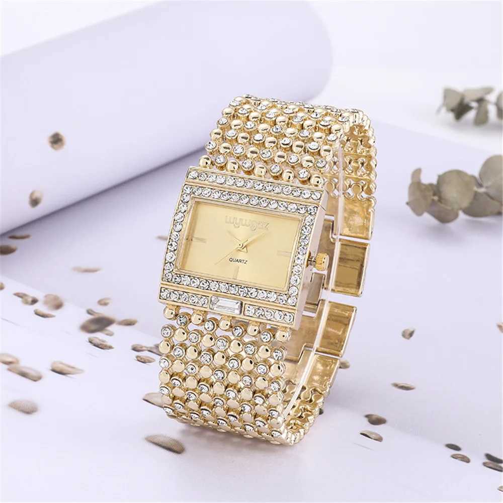 Ladies luxury gold and stone English watch fashion diamond set square crystal design casual skeleton watch dress watch X241106