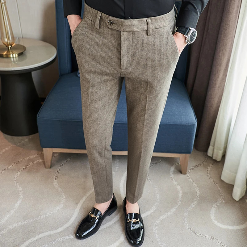 Office Business Casual Mens Trousers Autumn Vintage Striped Slim Fit Woolen Pants Men Winter Trendy Draped Straight Naples 241104