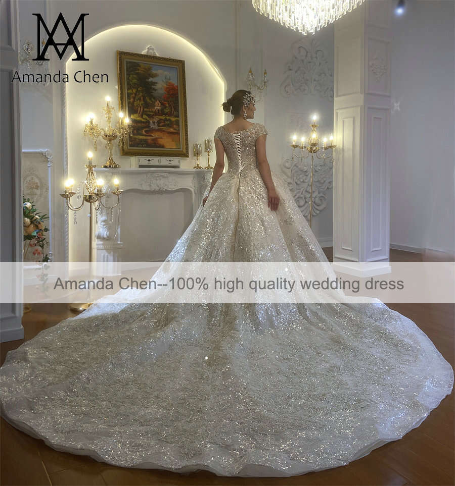 Square Neck Sleeve Lace Glitter Crystal Beads Long Train Wedding Dress