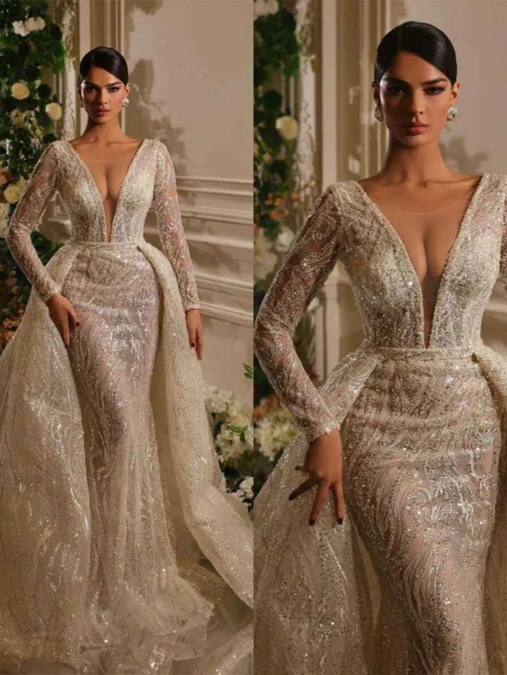 Exquisite Mermaid Wedding Dress Beaded Sequins O Neck Bride Gowns Detachable Sweep Train Sequined Bridal Dresses Customized
