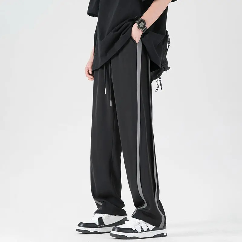 Trousers Striped Male Sports Pants Black Straight Mens Sweatpants Loose Long Athletic Y2k Baggy Elastic Sport Essential Retro 241104
