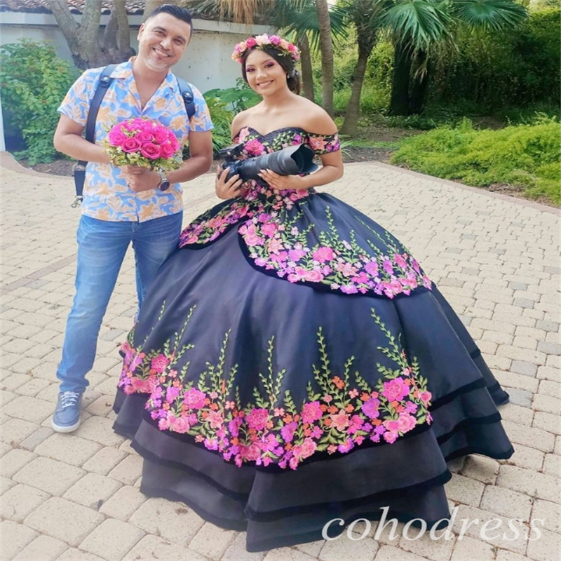 Beautiful Black Mexican Quinceanera Dresses Charro Vestidos De 15 Xv Anos Satin Vestio De Novias Off Shoulders Sweet 16 Dress Tiered Halloween Costume