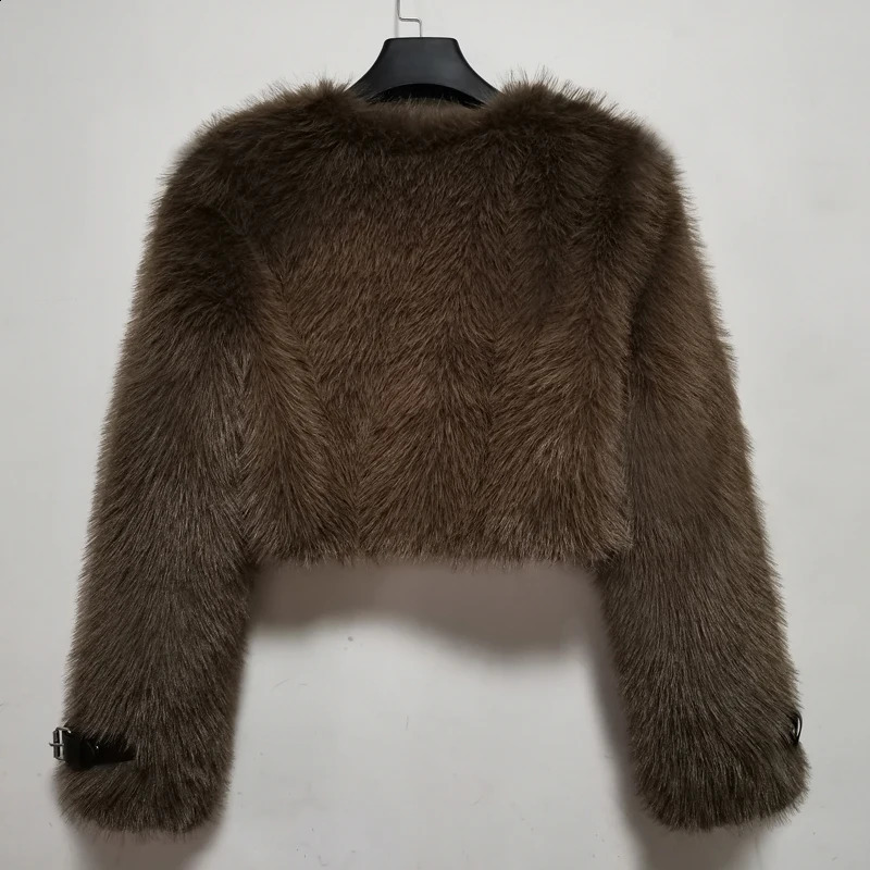 Environmentally Friendly Faux Fur Coats Women Winter Fall Short Cut Long Sleeves Belt Buttons Thick Warm Lady 241104