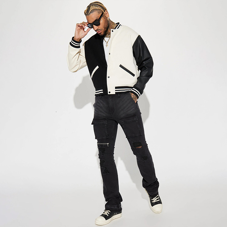 HL Custom Wholesale Wool Shell Letterman Bomber Jacket White Black Combo Faux Leather Sleeves Colorblock Varsity Men's Jacket