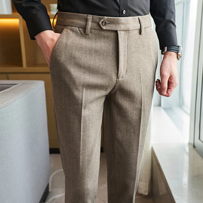 Office Business Casual Mens Trousers Autumn Vintage Striped Slim Fit Woolen Pants Men Winter Trendy Draped Straight Naples 241104