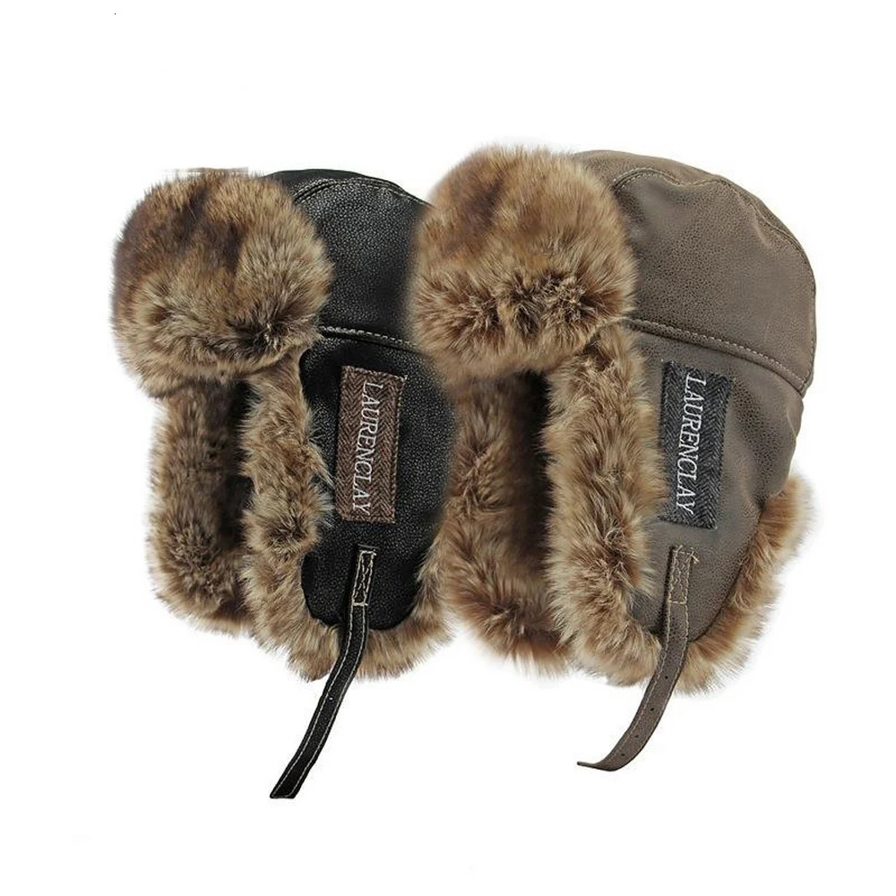 Winter Mens Ear Hood Bomber Hat Artificial Leather Thick Plush 54-60cm Retro Pilot Style Outdoor Warmth YF0201 241106