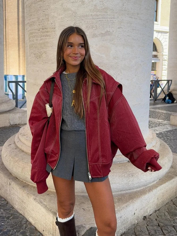 Chic Contrast Stitch Zipper Leather Jacket For Women Fashion Lapel Long Sleeves Cropped Bomber Coat 2024 Lady Street Outerwear 241106