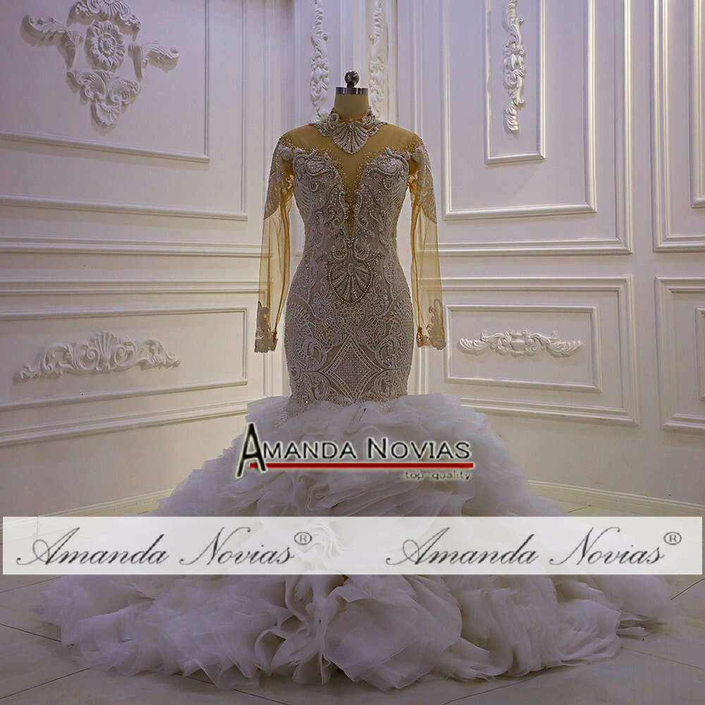 High Neck Long Sleeve Special Lace For Ruffles Mermaid Wedding Dress