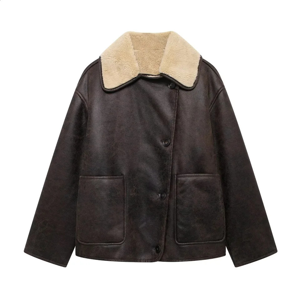 RZRA Womens AutumnWinter coat lapel singlebreasted pockets to dress up chic short leather jacket 241105