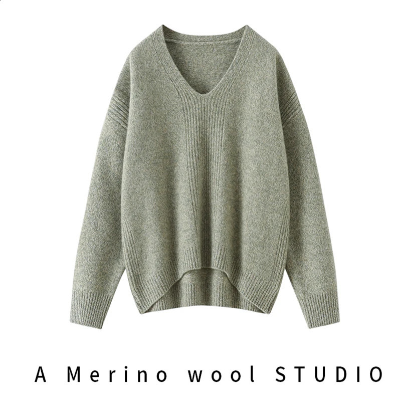 100 Merino Wool Womens Sweater AutumnWinter Knit Long Sleeve Pullover VNeck Loose Soft Fashion Flower Yarn Maillard Sweaters 241105