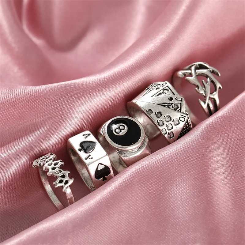 Punk Gothic Ring Set Text Black D Retro Spades Ace Silver Plated Retro Rhinestone Charm Finger Jewelry X241106
