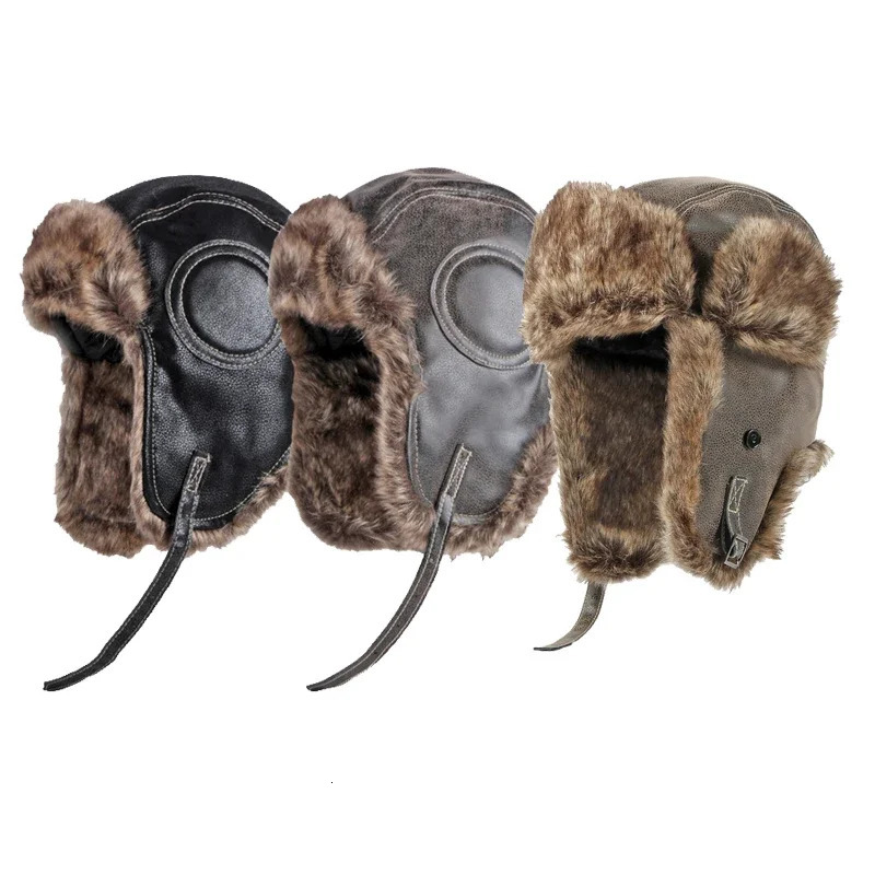 Warm winter Ushanka Russian hat for male and female pilots bomber trap hat leather skiing snow hat ear protection hat glasses 241106