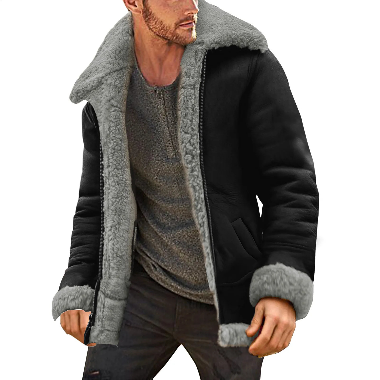Retro Thick Coat Sheepskin Jacket Mens 2024 Fashion Simple Winter Coat Collar Long Sleeve Inlaid Leather Jacket 241106