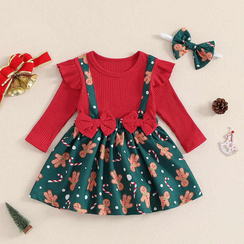 Toddler Baby Girls Christmas Skirt Set Plaid Gingerbread Man Bow Long Sleeve Ribbed Ruffled Overall Dress Headband 2Pcs Outfit 241106