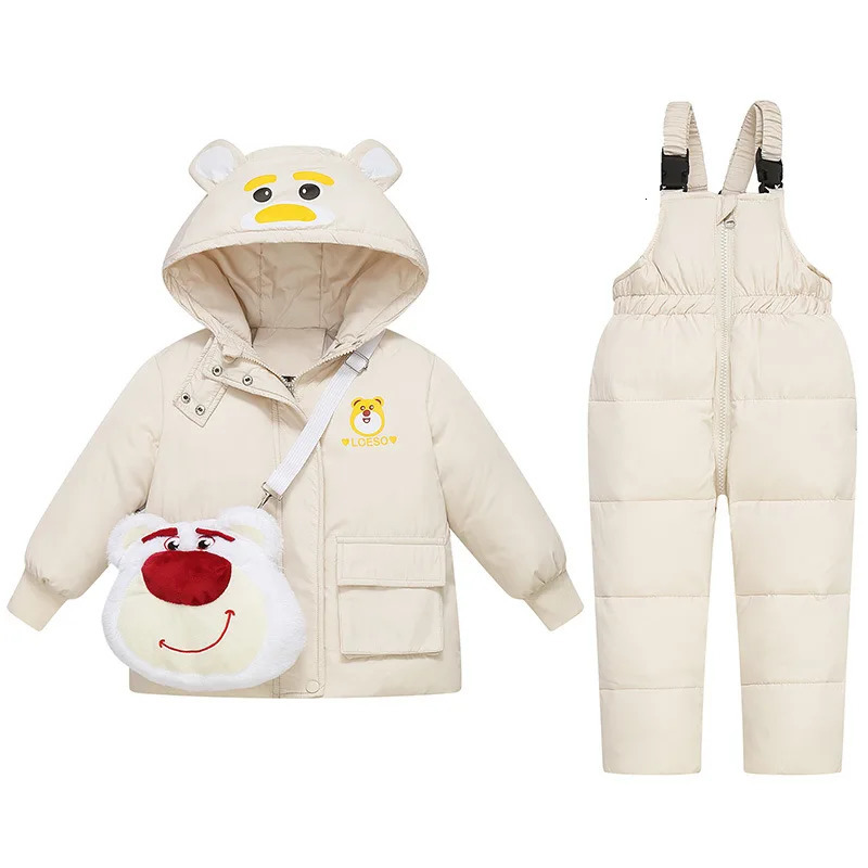 Winter Children Girl 2PCS Snowsuit Set Cartoon Bear Hooded Down Jacket Solid Jumpsuit For Girls Toddler Girl Overalls Suit 241106