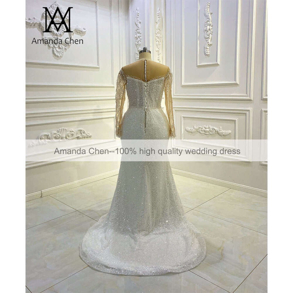 robes de mariage Long Sleeve Pearls Handwork Low Cut Wedding Dress