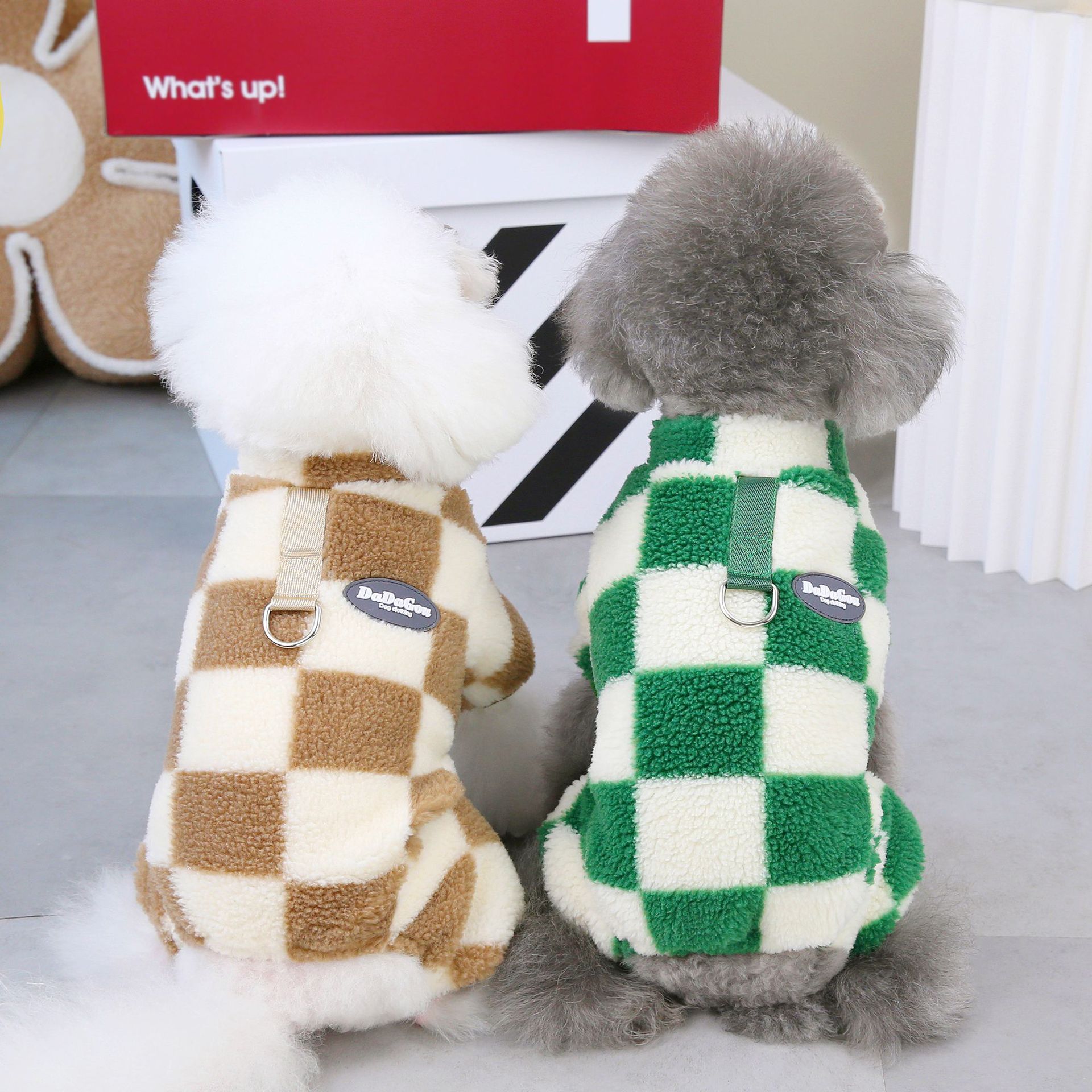 Top Selling Dog Clothes Matching With D Ring Dog Rompers Coral Fleece Pet Four legs Clothes Big Checkers