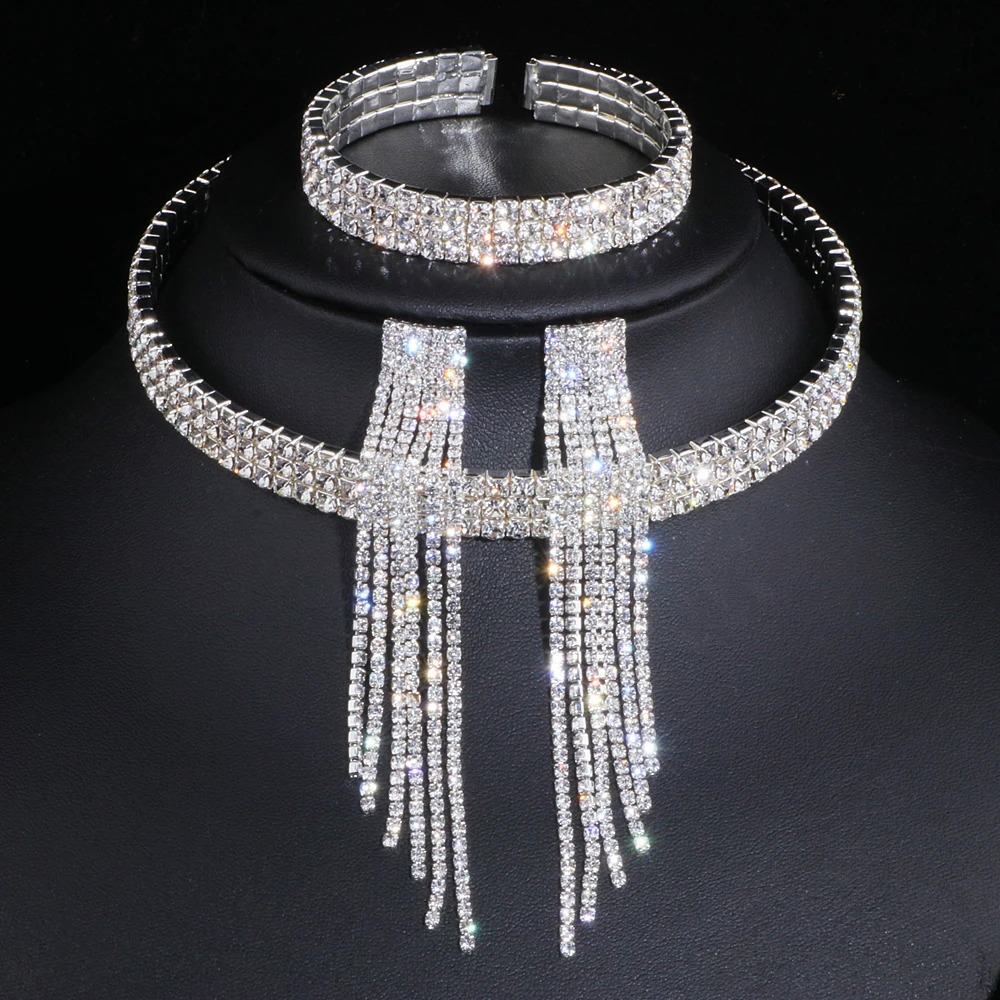 Classic Elegant Tassel Crystal Bridal Jewelry Set African Water Diamond Wedding Necklace Earrings Bracelet Set WX081 241106