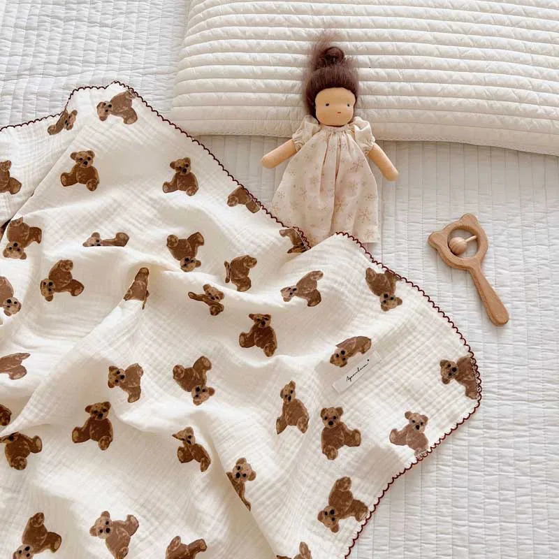 2-3 layers of baby blankets with bear dot printed cotton gauzy plain weave swaddle packaging born crib sleeping blanket 241106