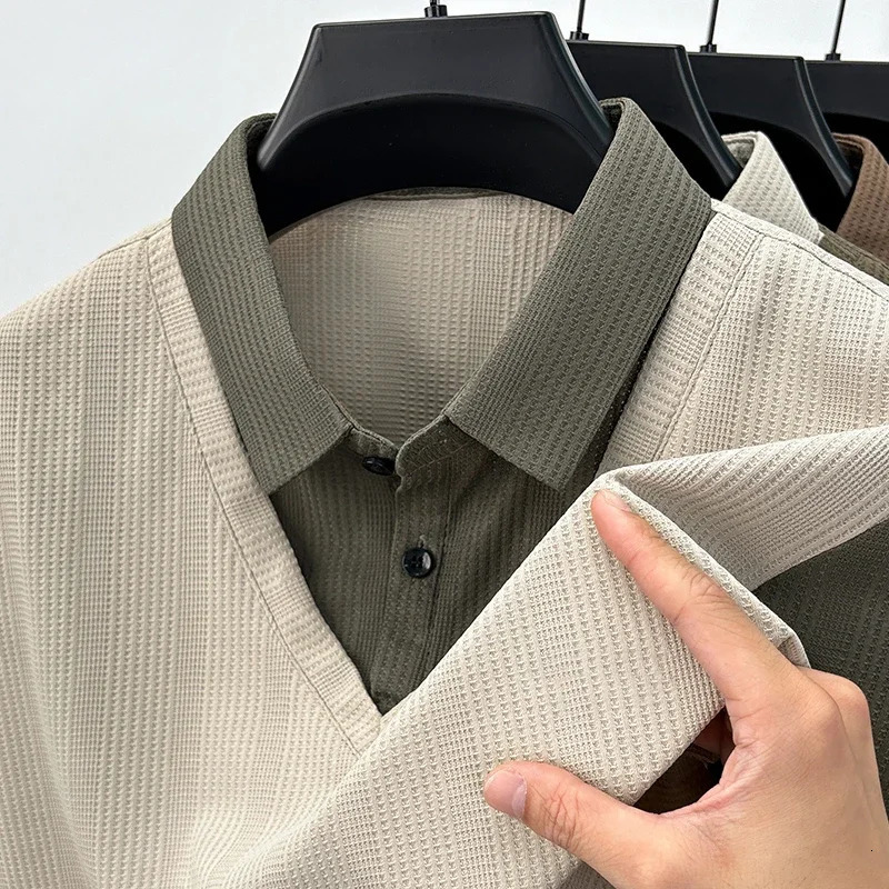 Mens Casual Fashion Long Sleeved Solid Color Blocked Two-piece Polo Shirt Comfortable All Season Versatile Top 241106