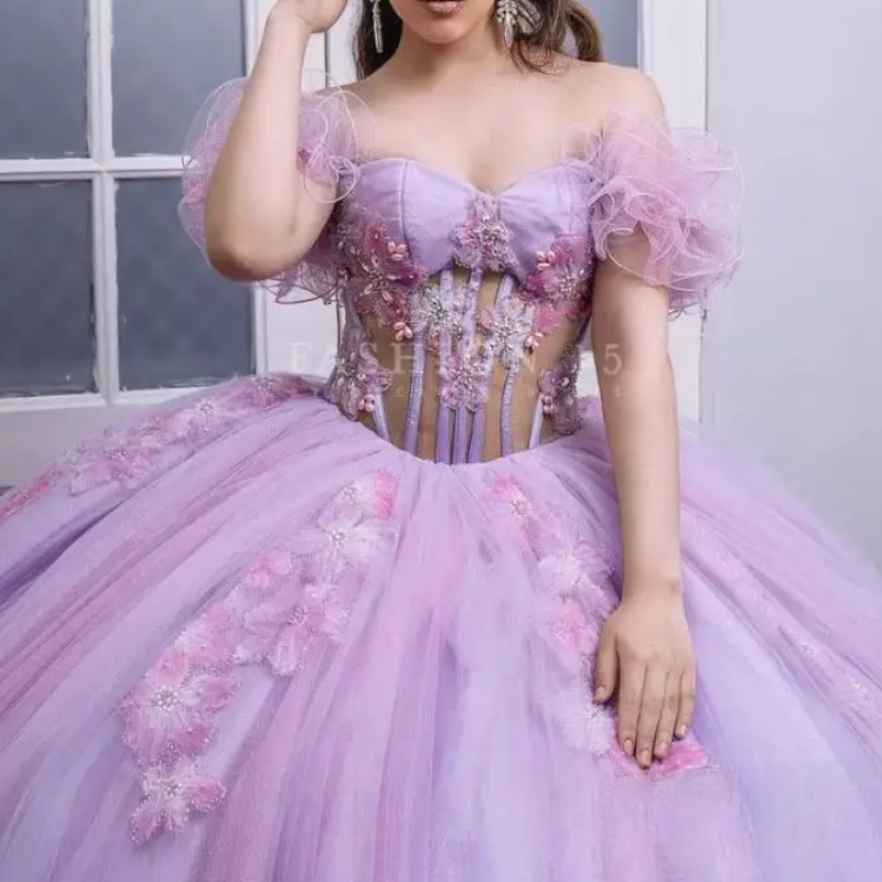 Light Lilac Ball Gown Quinceanera Dresses Illusion Off The Shoulder 3D Flowers Beading Crystal Tull Sweet 16 Dress Vestido De 15 Anos