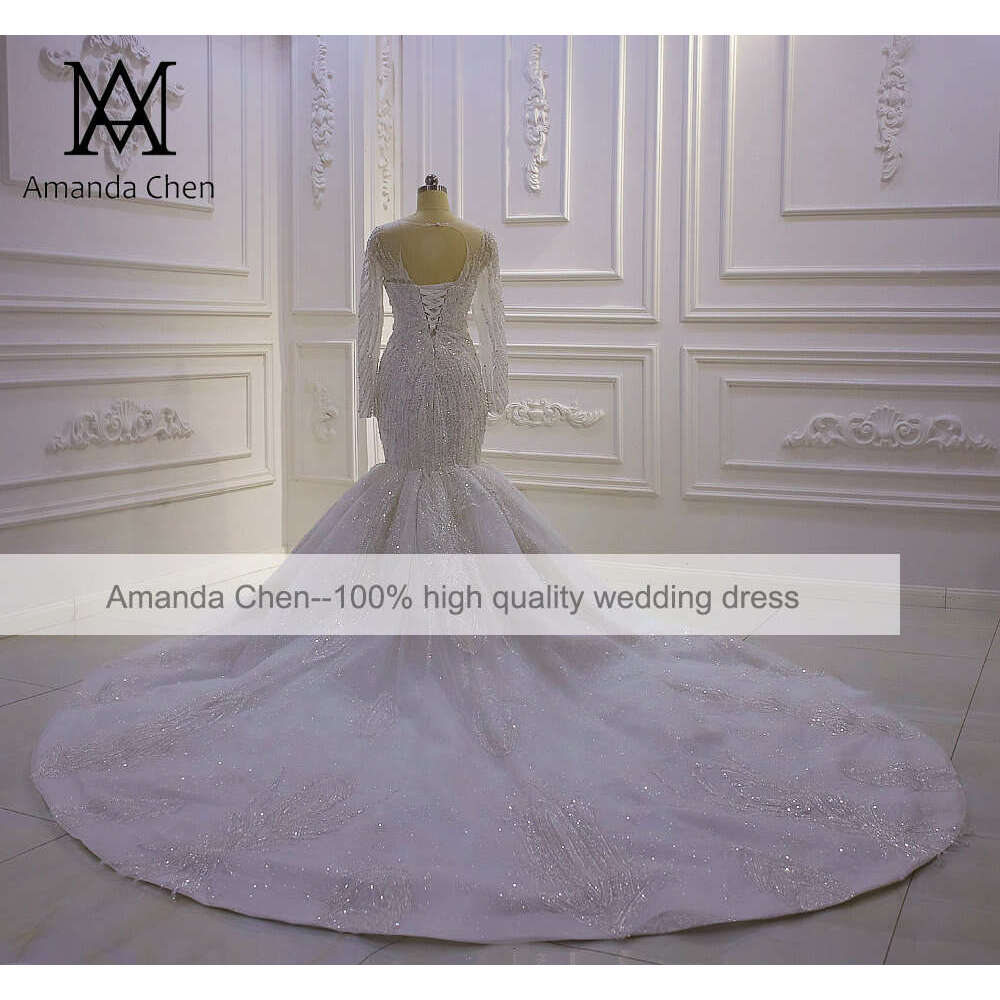 Long Sleeve Lace Beads Mermaid Wedding Dress