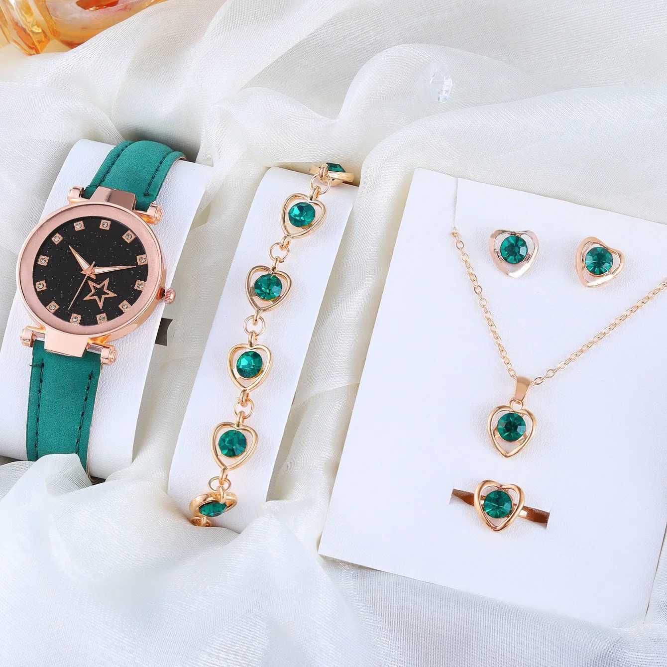 Luxury Quartz Watch Green Necklace Jewelry Set 6pcs Womens New Fashion Simple Designer Moon Star Digital Water Diamond Leather X241106