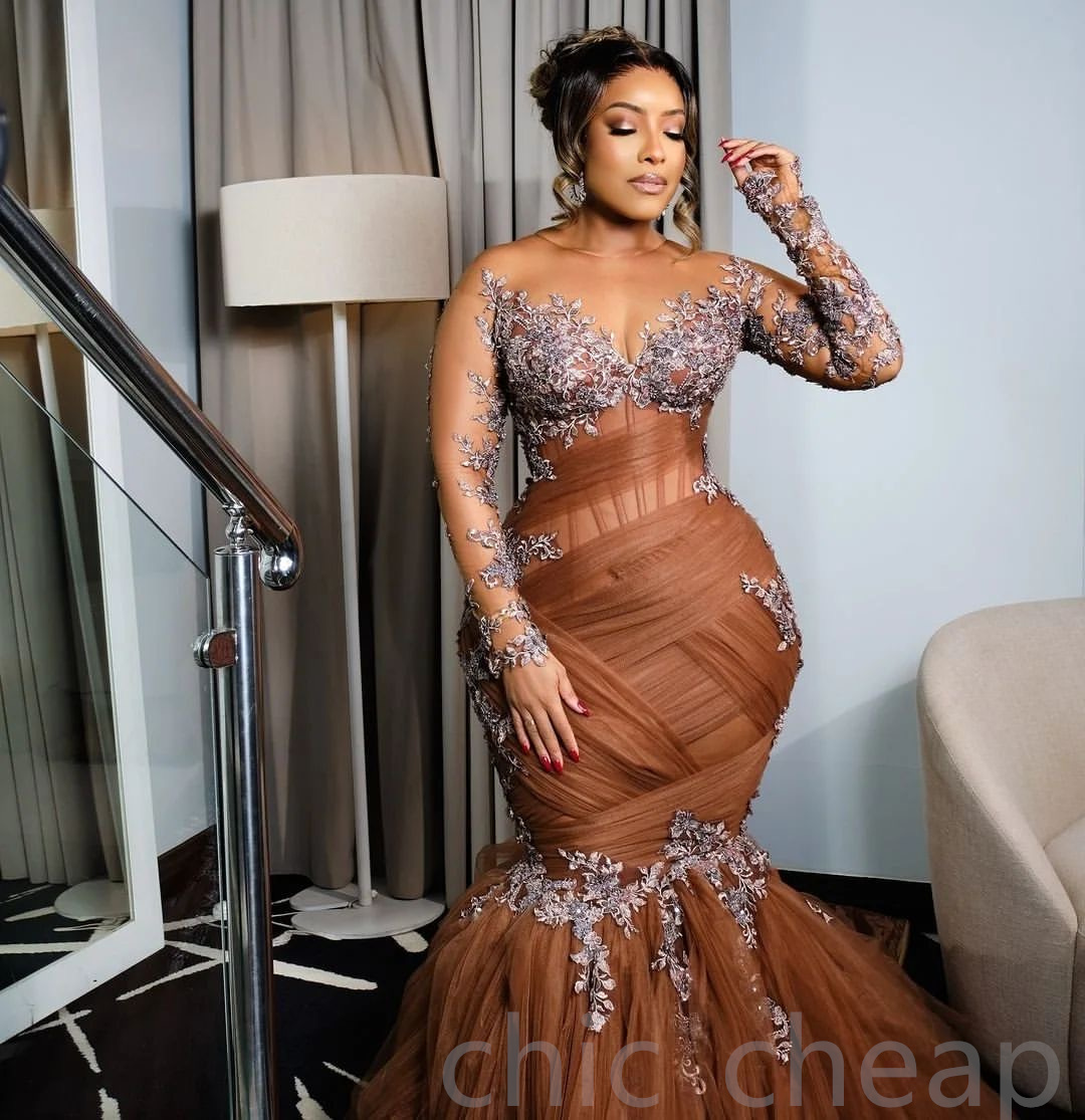 2024 Plus Size Chocolate Illusion Mermaid Prom Dresses For Special Occasions Lace Tulle Evening Party Birthday Gowns Dress For Women Vestidos de novia